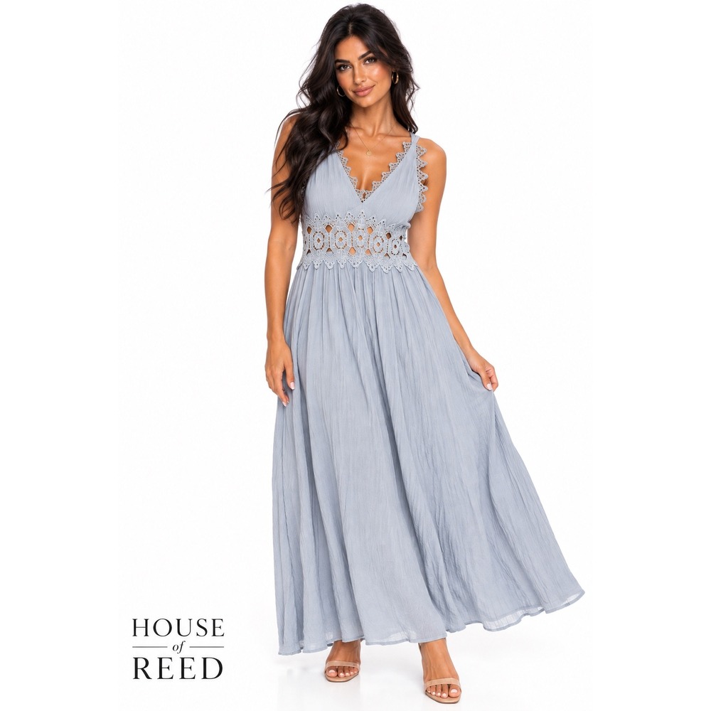 Lulus Blue Crochet Lace Waist V-Neck Sleeveless Maxi Dress Boho Romantic